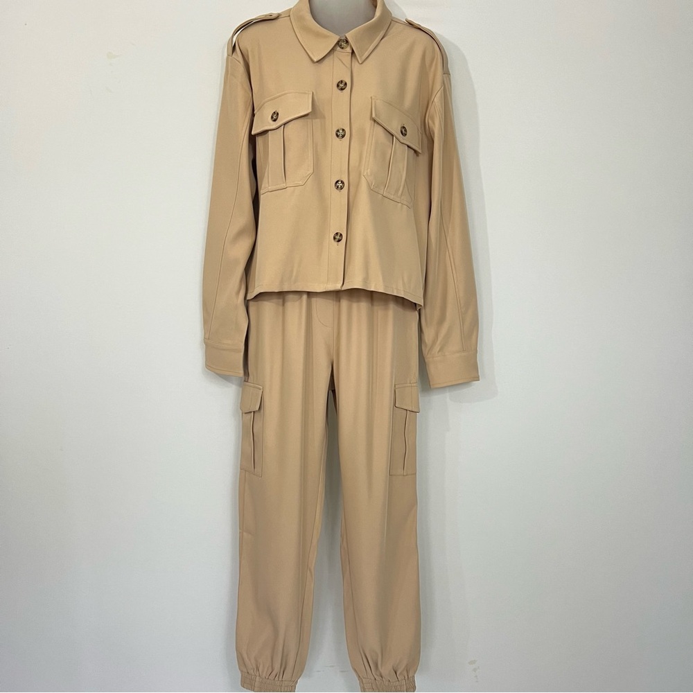 Mystree neutral beige cargo jogger set – boutique style.